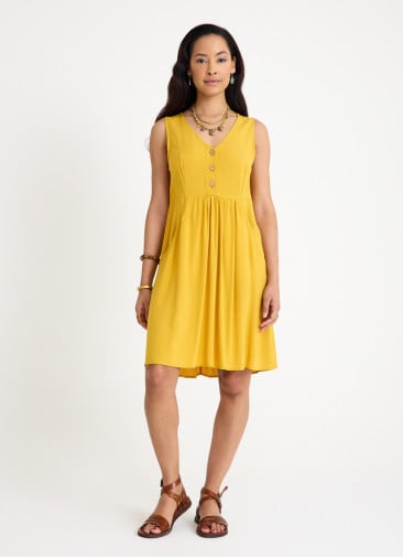 V Neck Button Detail Sleeveless Yellow Casual Dress 4578